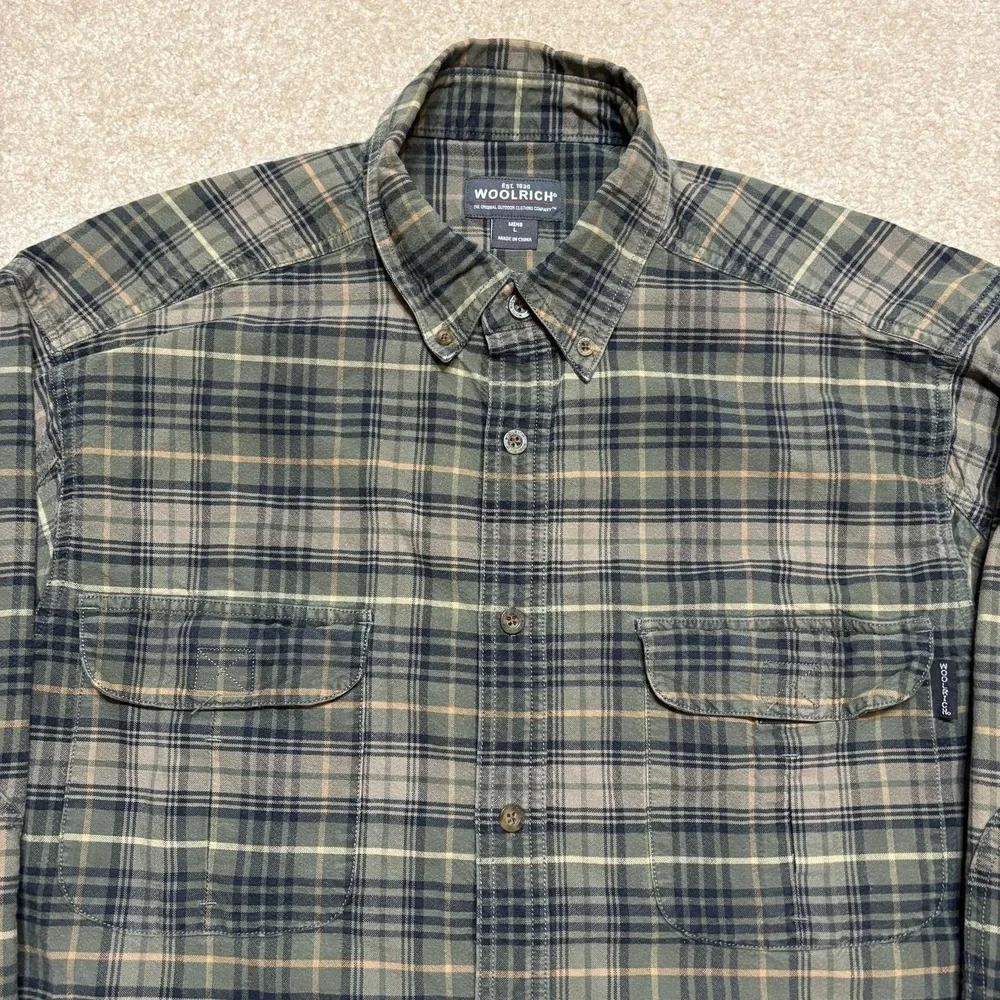 Woolrich Shirt Mens Large Green Plaid Button‎ Front Long Sleeve Outdoor Hiking